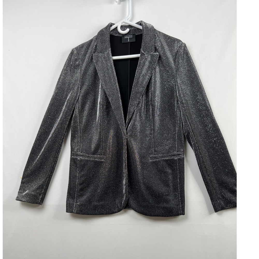 Tahari Metallic Shimmer Blazer Women Medium Silver Black Cocktail Festive Jacket